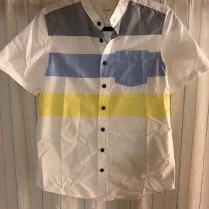 Boys Short Sleeve White/Striped Button Down Shirt